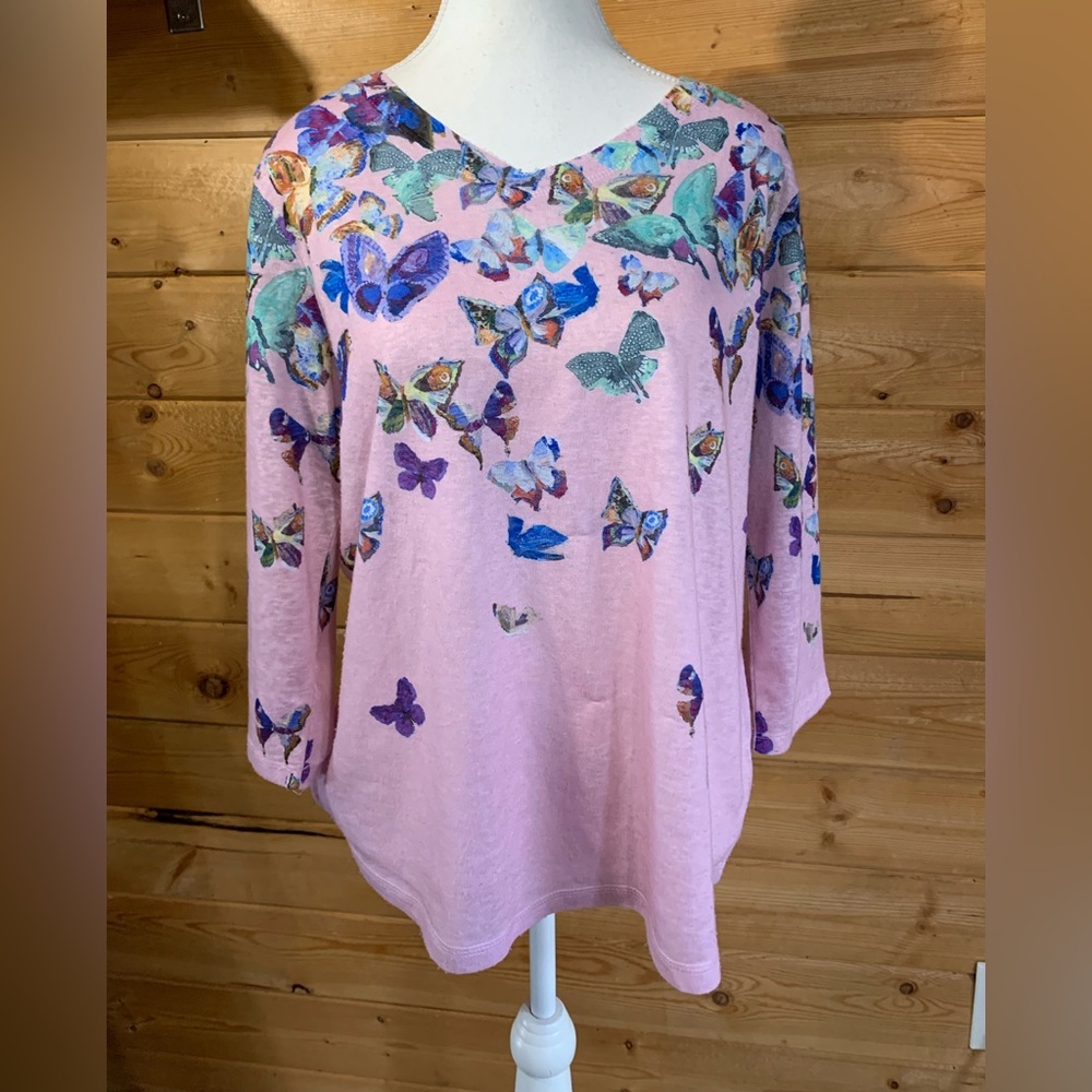 Pink Butterfly Print Lightweight Thin Knit Sweater Women Large